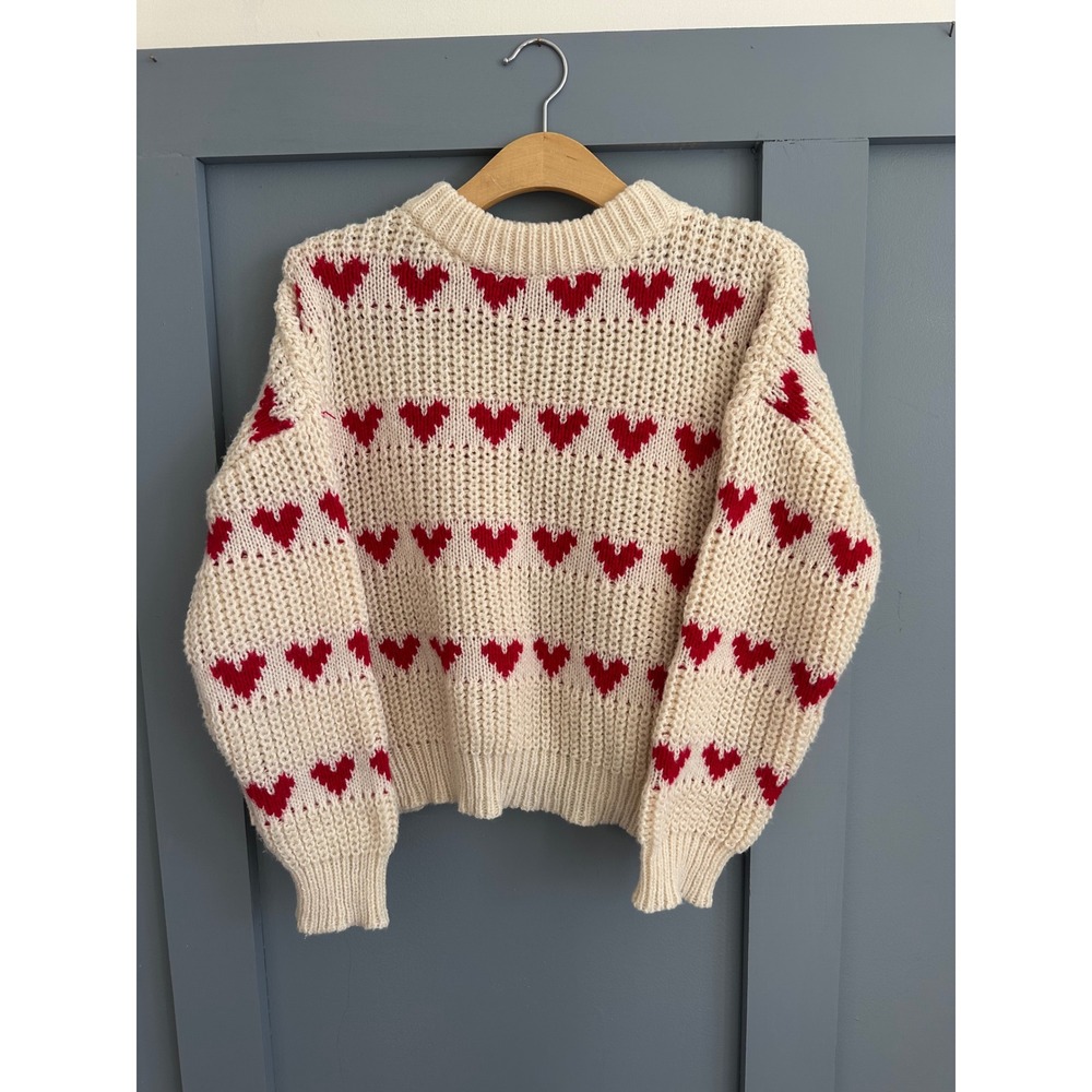 SHEIN Womens Cream Red Heart Chunky Knit Pullover Sweater Size Medium M